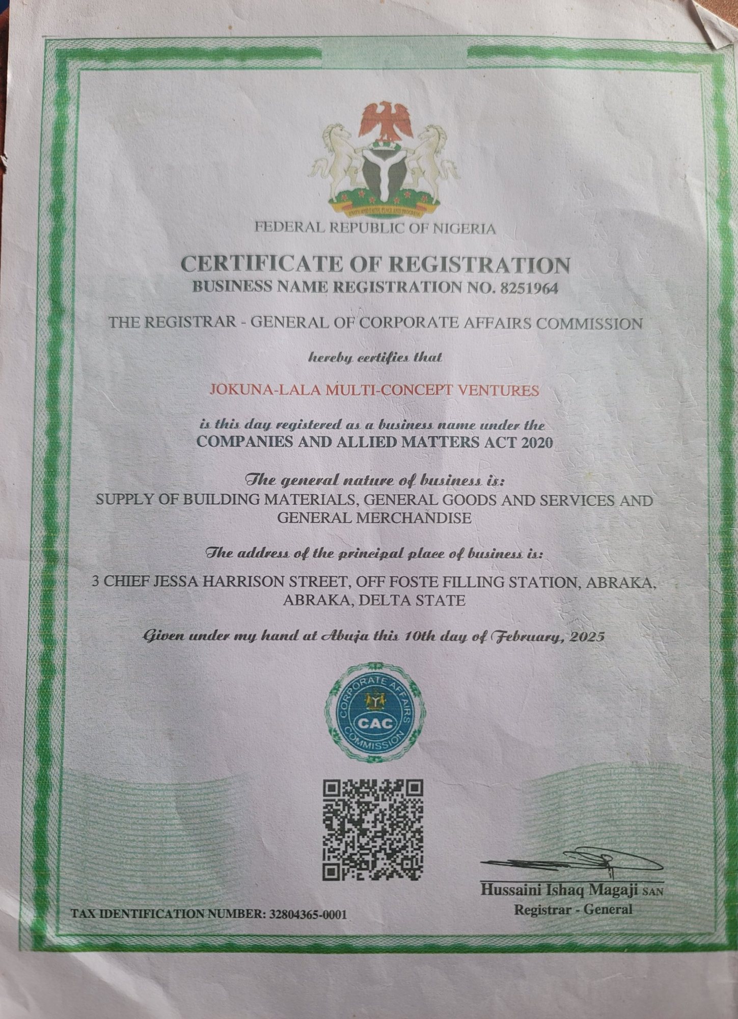 Corporate Affairs Commission Certificate of Registration for Jokuna-Lala Multi-Concept Ventures