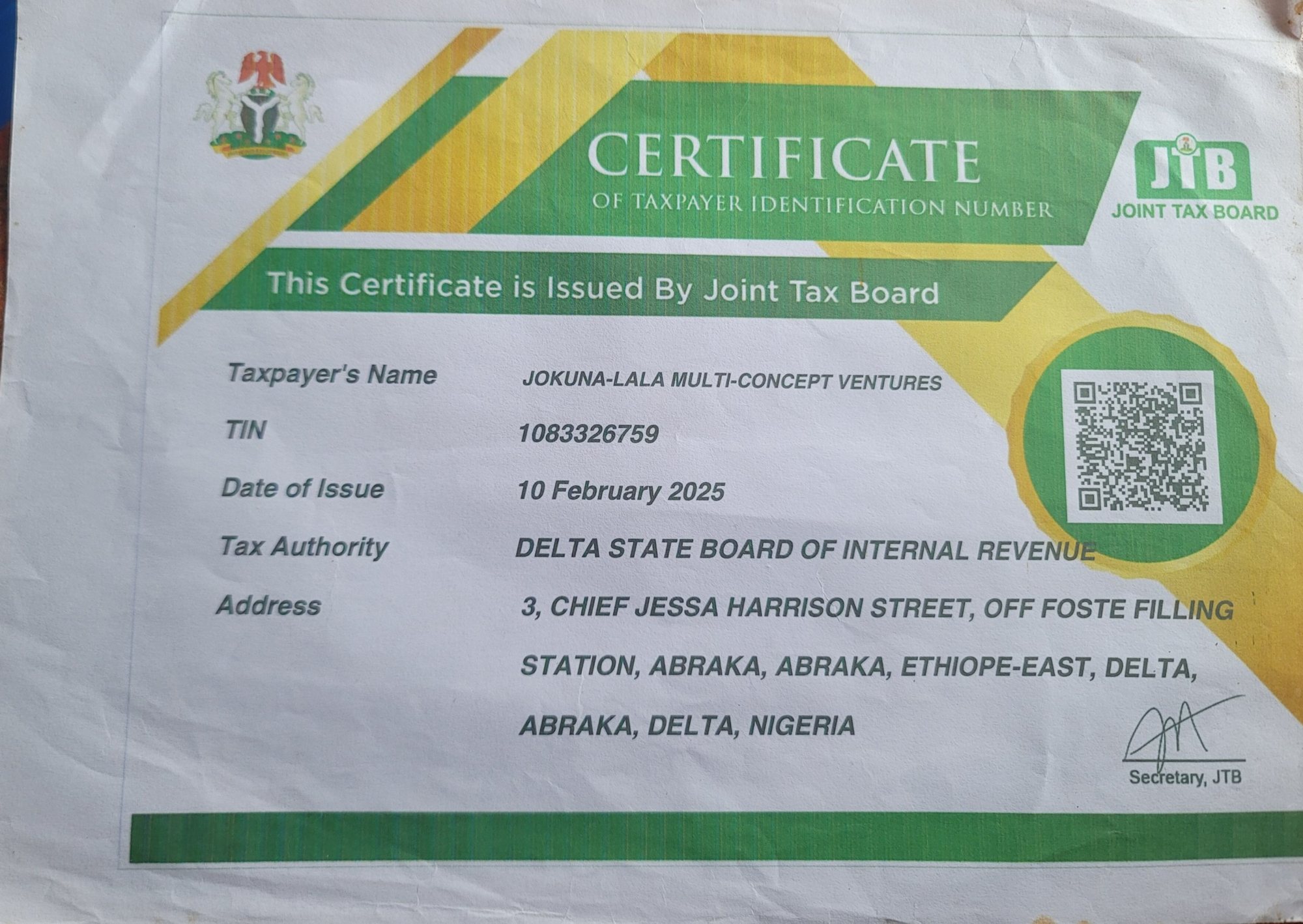 Joint Tax Board Certificate of Taxpayer Identification Number